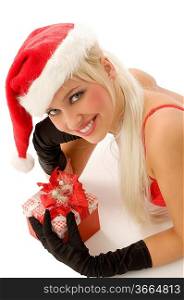 close up of beautiful blond santa claus with gift box smiling