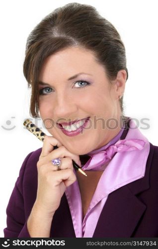 Close Up of Beautiful Businesswoman Holding Pen.