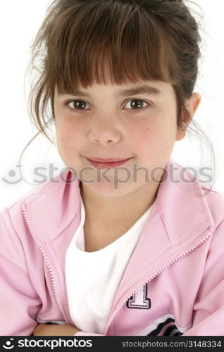 Close up of beautiful five year old girl. Shot in studio over white.