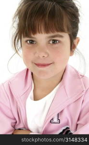 Close up of beautiful five year old girl. Shot in studio over white.