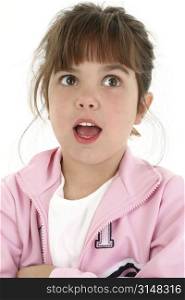 Close up of beautiful five year old girl with surprised expression. Shot in studio over white.