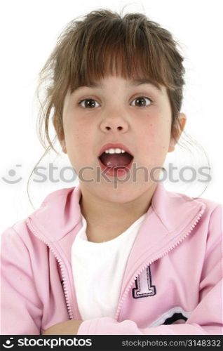 Close up of beautiful five year old girl with surprised expression. Shot in studio over white.