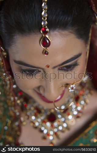 Close up of beautiful Indian bride&rsquo;s forehead