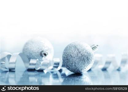 Close-up of beautiful silver glitter christmas decorative balls. Christmas balls