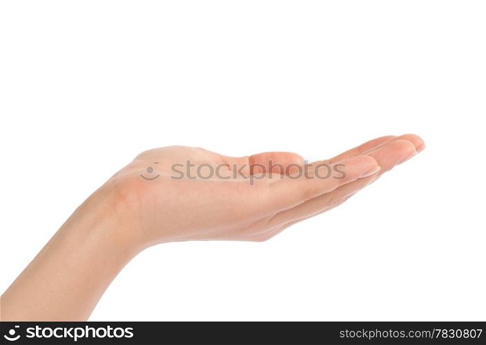 Close-up of beautiful woman&rsquo;s hand, palm up. Isolated on white background