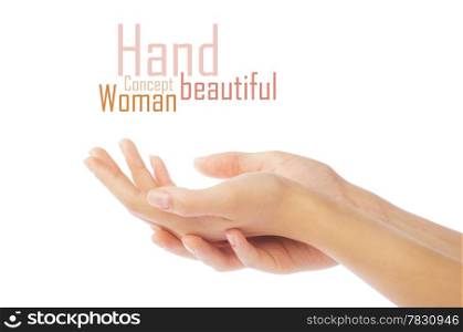Close up of beautiful woman&rsquo;s hand, palm up. Isolated on white background