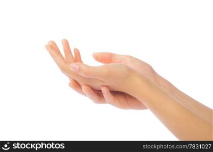 Close up of beautiful woman&rsquo;s hand, palm up. Isolated on white background