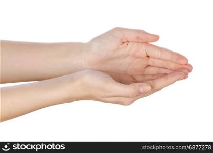 close up of beautiful woman s hands palms up isolated on white background
