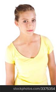 Close-up of beautiful young girl in yellow t-shirt..