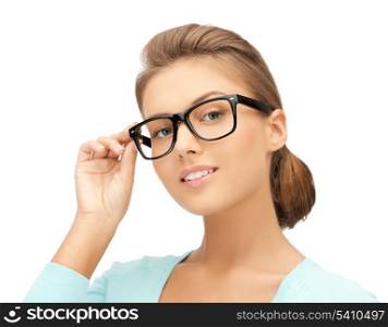 close up of beautiful young woman wearing eyeglasses
