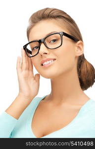 close up of beautiful young woman wearing eyeglasses