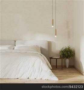 Close up of bed in modern bedroom interior in minimalist scandinavian style, 3d rendering