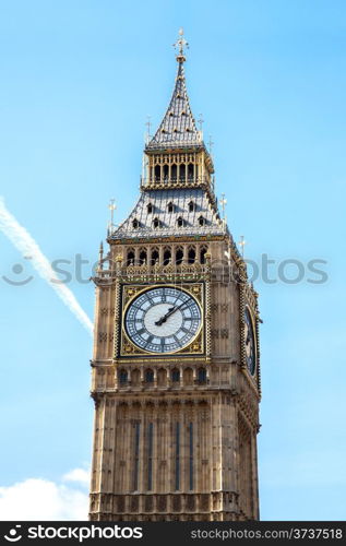 Close up of Big Ben Clock Tower Against Blue Sky England United Kingdom