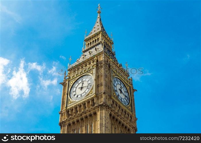 Close up of Big Ben clock tower against cloudy sky in London in a beautiful summer day, England, United Kingdom