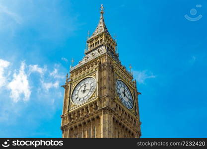 Close up of Big Ben clock tower against cloudy sky in London in a beautiful summer day, England, United Kingdom