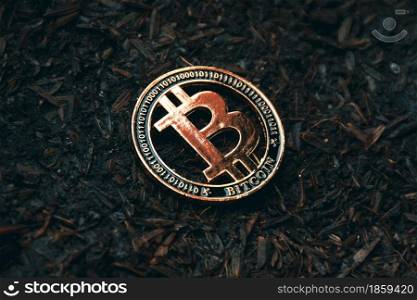 Close up of bitcoin on the ground,Cryptocurrency virtual money concept