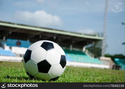 close up of black and white soccer on field with stadium background