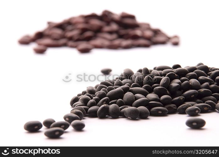 Close-up of black beans with kidney beans in the background