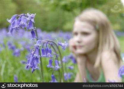 close up of bluebells with young girl out of focus in background