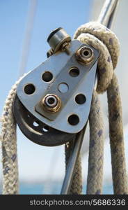 Close-up of boat&rsquo;s block and tackle