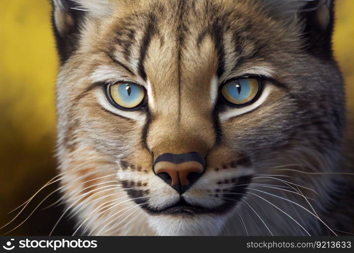 close-up of bobcat&rsquo;s face, with its piercing yellow eyes and whiskers visible, created with generative ai. close-up of bobcat&rsquo;s face, with its piercing yellow eyes and whiskers visible