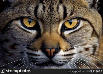 close-up of bobcat&rsquo;s face, with its piercing yellow eyes and whiskers visible, created with generative ai. close-up of bobcat&rsquo;s face, with its piercing yellow eyes and whiskers visible