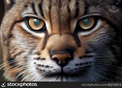 close-up of bobcat&rsquo;s face, with piercing eyes and whiskers, created with generative ai. close-up of bobcat&rsquo;s face, with piercing eyes and whiskers