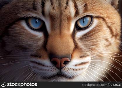 close-up of bobcat’s face, with piercing eyes and whiskers, created with generative ai. close-up of bobcat’s face, with piercing eyes and whiskers