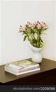 Close-up of books and a flower vase on a side table