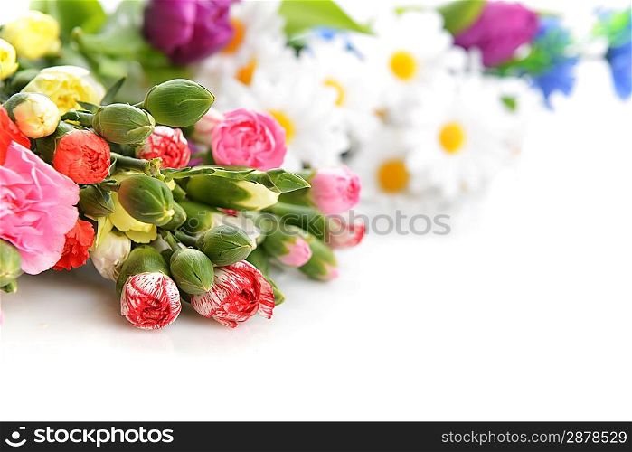 Close up of bouquet of colorful carnation and other flowers