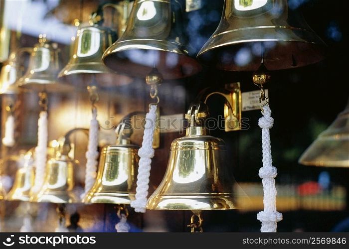 Close up of brass bells in Greenwich, England