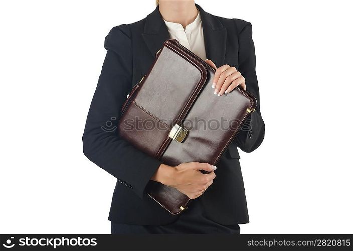 Close up of briefcase and businesswoman