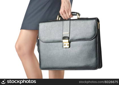 Close up of briefcase and businesswoman