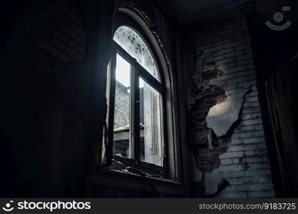 close-up of broken window in haunted abandoned building, with the moon shining through, created with generative ai. close-up of broken window in haunted abandoned building, with the moon shining through
