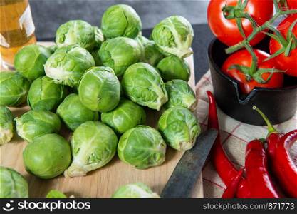 close-up of Brussels sprouts on a wooden table