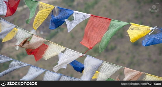 Close-up of Buddhist prayer flags in Buddha Dordenma, Thimphu, Bhutan