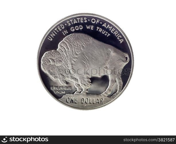 Close up of Buffalo Silver Dollar, with full rim edge, isolated on white background