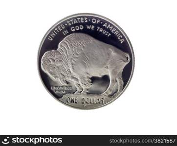 Close up of Buffalo Silver Dollar, with full rim edge, isolated on white background
