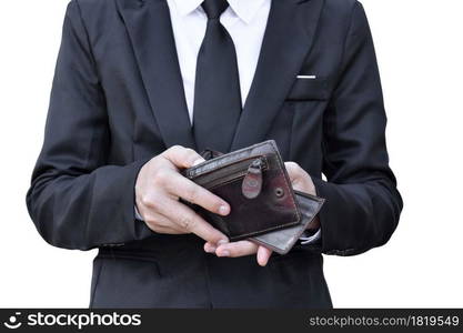 Close up of businessman counts the income or salary on leather wallet. Isolated on white background with clipping path.