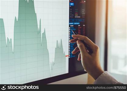 Close up of businessman hand pointing to stock market chart and analysis on computer screen.