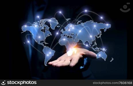 Close up of businessman hand showing digital earth globe. 3d rendering. Technologies connecting the world