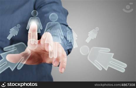 Close up of businessman hand touching icon on screen. Finger touching icon