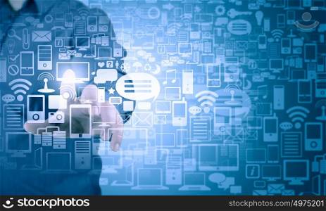 Close up of businessman pressing virtual icon on screen. Man pushing icon