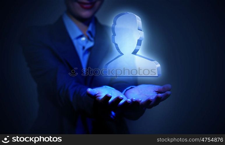 Close up of businesswoman hand holding digital icon in palm. Application icon in palm