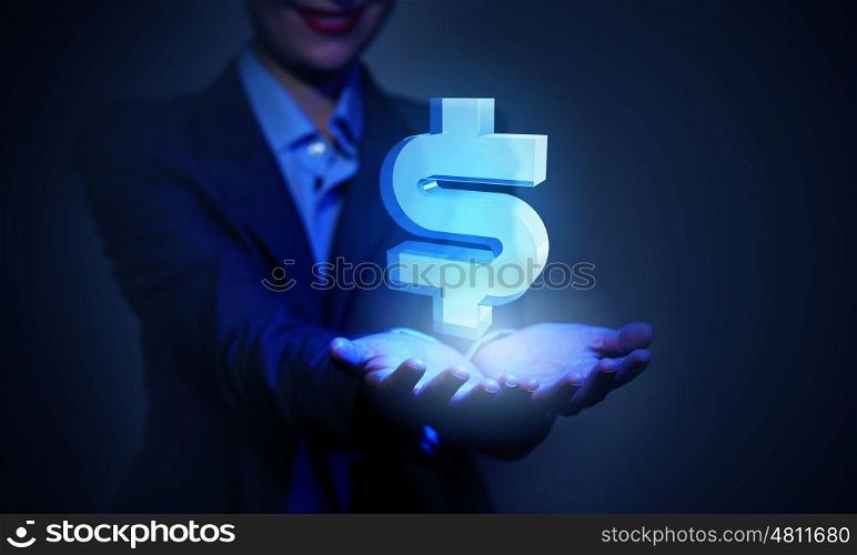 Close up of businesswoman hand holding digital icon in palm. Dollar icon in palm