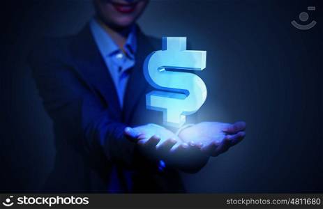 Close up of businesswoman hand holding digital icon in palm. Dollar icon in palm