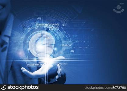 Close up of businesswoman hand holding media concept icon. Media technologies in our hands