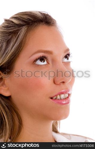 close up of businesswoman looking up on an isolated white background
