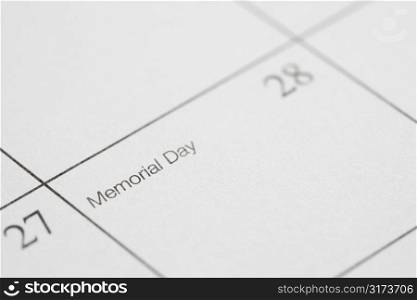 Close up of calendar displaying Memorial Day.