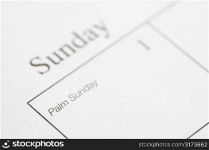 Close up of calendar displaying Palm Sunday.